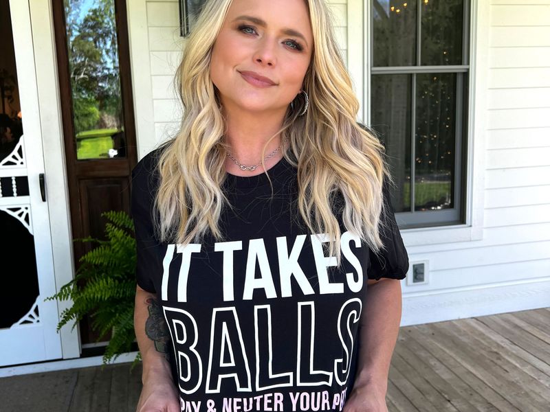 Miranda wearing the It Takes Balls tee