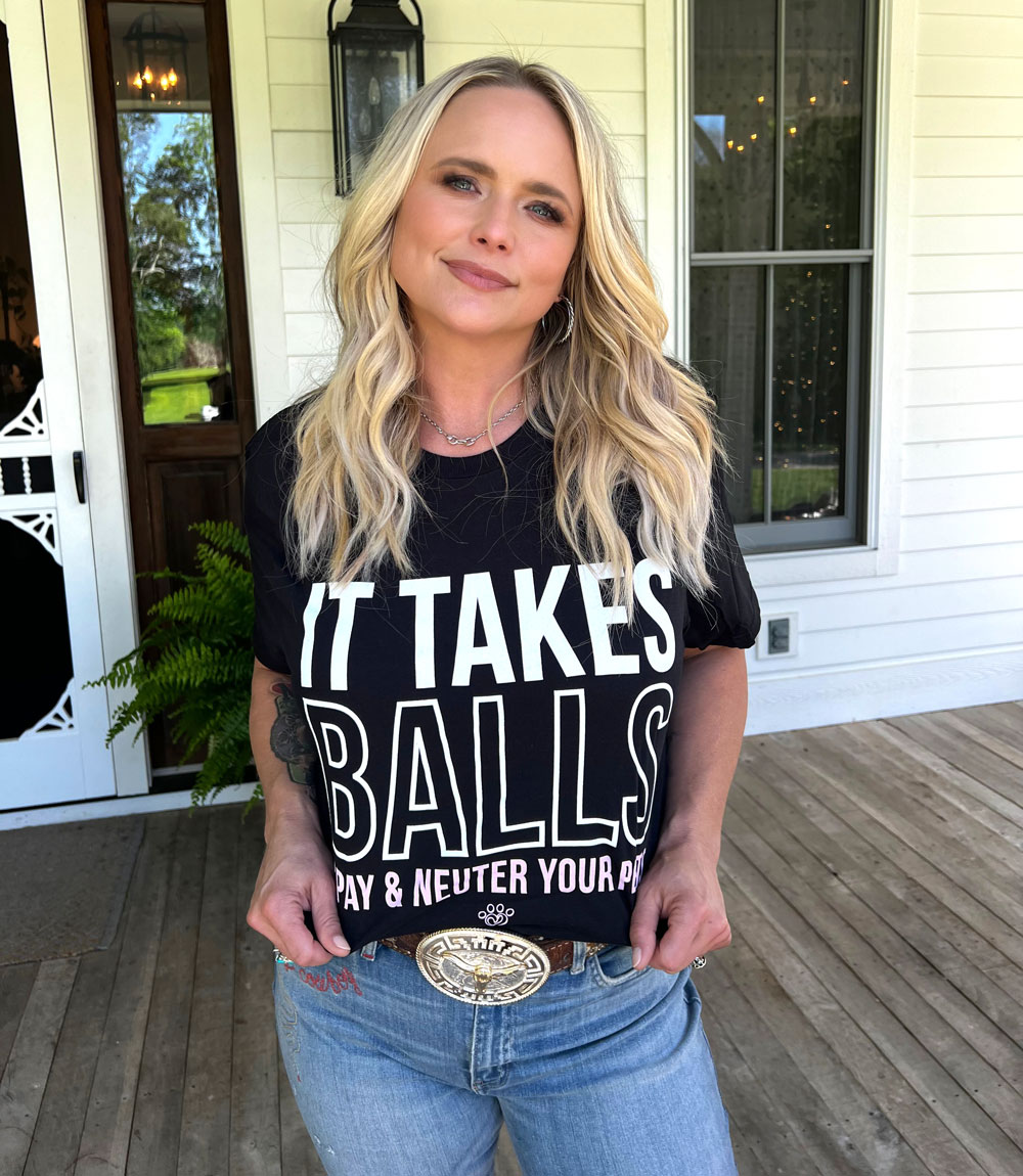 Miranda wearing an "It Takes Balls" t-shirt