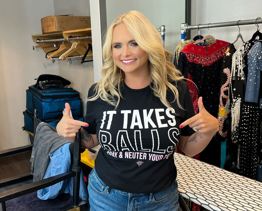 Miranda wearing an "It Takes Balls" t-shirt